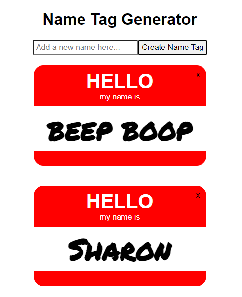 Screenshot of name tag generator on mobile view.